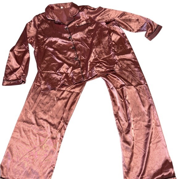 SHEIN Other - Womens Satin Pajama Set Long Sleeve Button Down Top Pants Sleepwear Rose Gold L